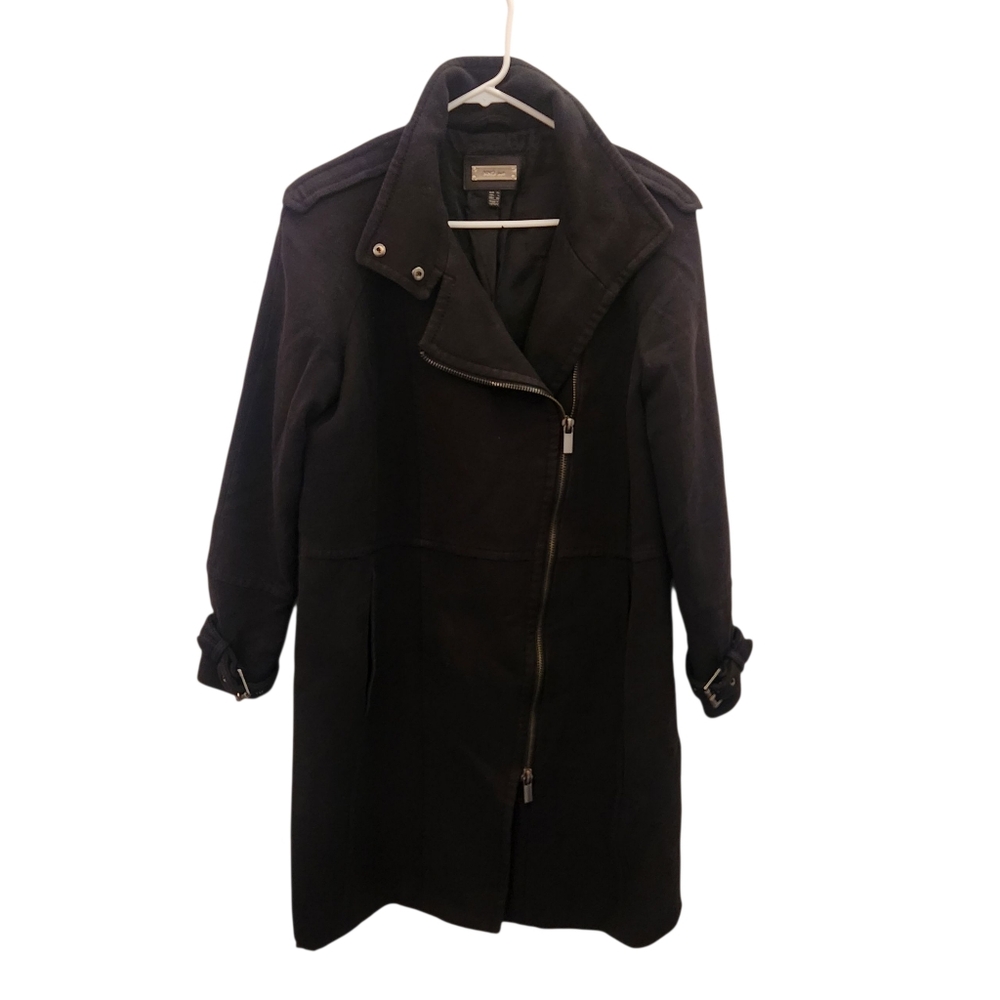 MNG Suit Womens Long Black Trench Coat Jacket Cotton/Wool Blend Full Zip Large